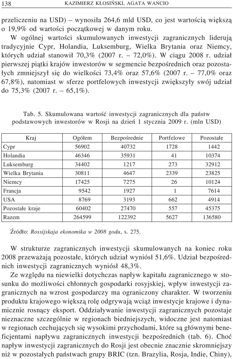 udzia pierwszej pi atki krajów inwestorów w segmencie bezpośrednich oraz pozosta- ych zmniejszy sie do wielkości 73,4% oraz 57,6% (2007 r.