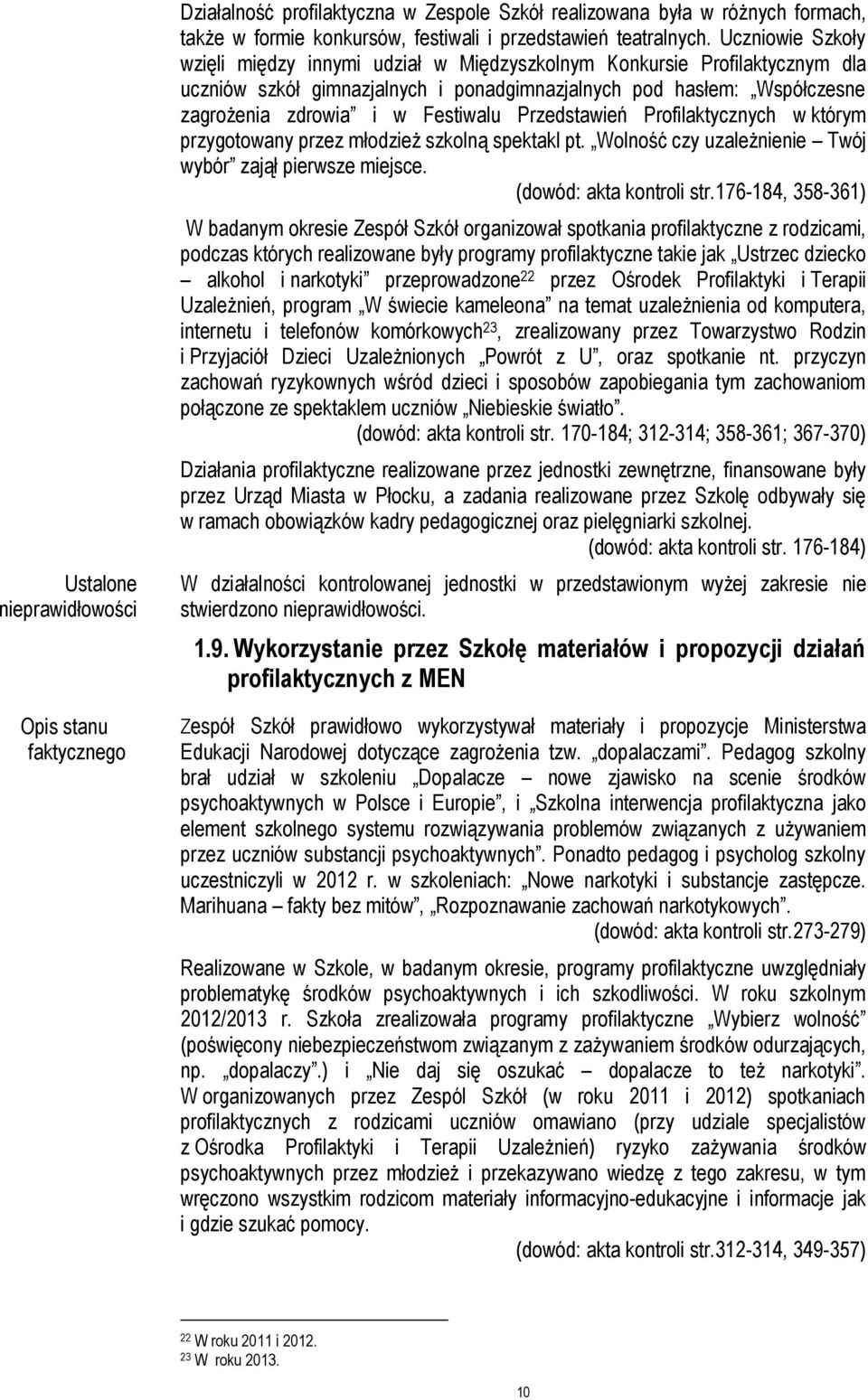 Przedstawień Profilaktycznych w którym przygotowany przez młodzież szkolną spektakl pt. Wolność czy uzależnienie Twój wybór zajął pierwsze miejsce. (dowód: akta kontroli str.