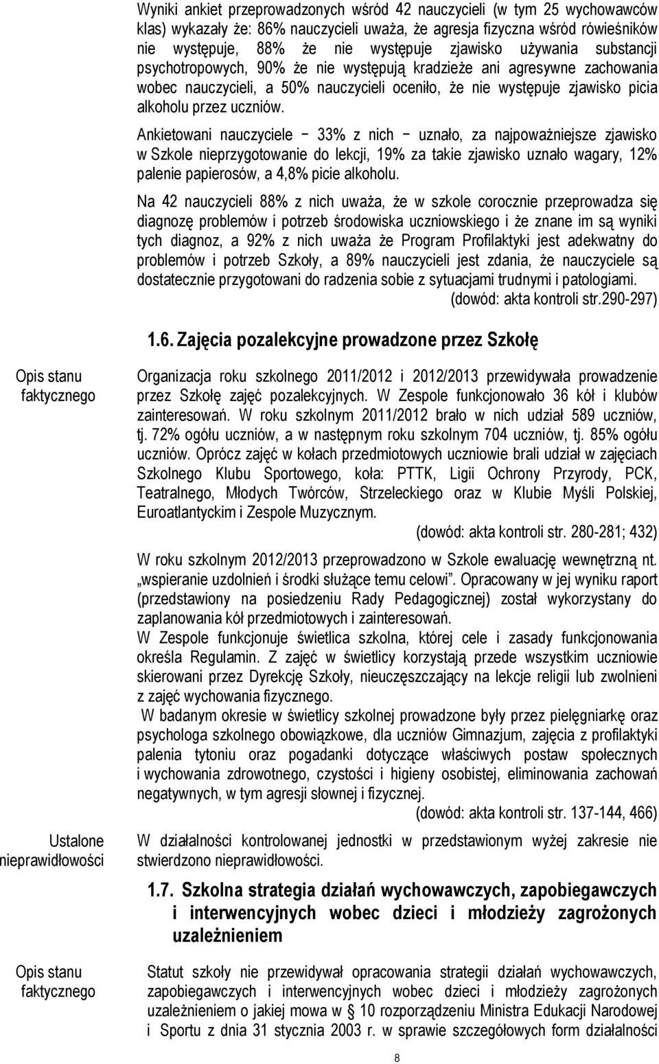 Ankietowani nauczyciele 33% z nich uznało, za najpoważniejsze zjawisko w Szkole nieprzygotowanie do lekcji, 19% za takie zjawisko uznało wagary, 12% palenie papierosów, a 4,8% picie alkoholu.