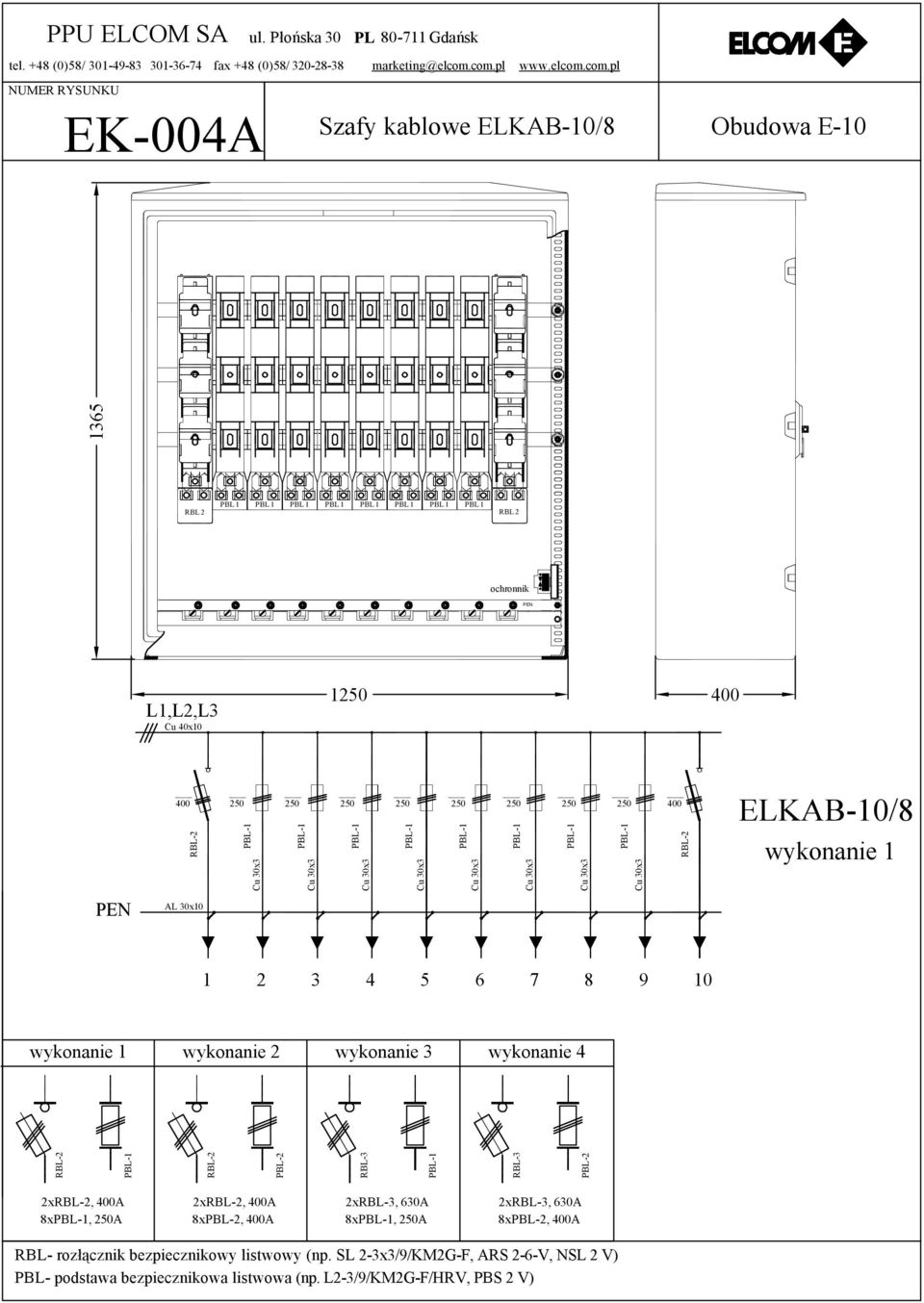 PBL PBL PBL PBL PBL PBL PBL RBL 2 L,L2,L3 Cu 40x0 ELKAB-0/8 AL 30x0 2 3 4 6 7 8 9 0 wykonanie 3 wykonanie 4 2x,