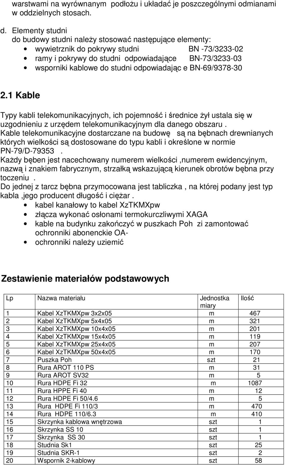 odpowiadając e BN-69/9378-30 2.1 Kable Typy kabli telekomunikacyjnych, ich pojemność i średnice żył ustala się w uzgodnieniu z urzędem telekomunikacyjnym dla danego obszaru.