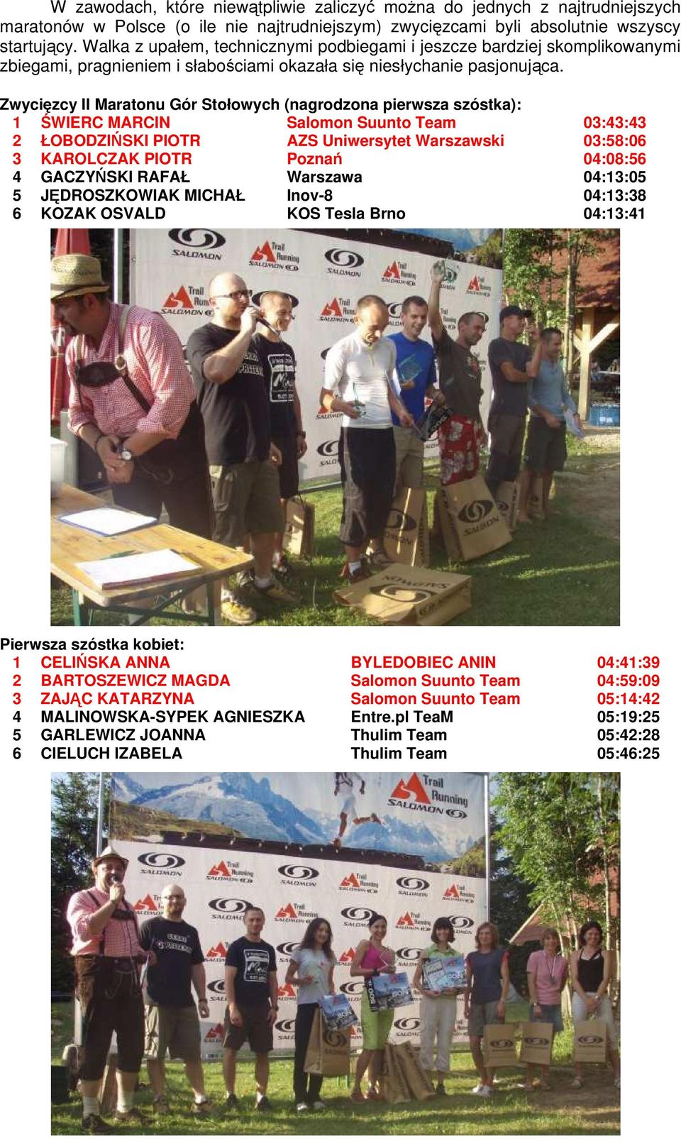 Zwycięzcy II Maratonu Gór Stołowych (nagrodzona pierwsza szóstka): 1 ŚWIERC MARCIN Salomon Suunto Team 03:43:43 2 ŁOBODZIŃSKI PIOTR AZS Uniwersytet Warszawski 03:58:06 3 KAROLCZAK PIOTR Poznań
