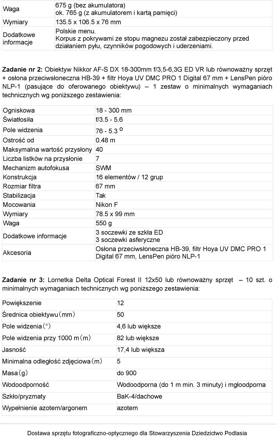 Zadanie nr 2: Obiektyw Nikkor AF-S DX 18-300mm f/3,5-6,3g ED VR lub równoważny sprzęt + osłona przeciwsłoneczna HB-39 + filtr Hoya UV DMC PRO 1 Digital 67 mm + LensPen pióro NLP-1 (pasujące do