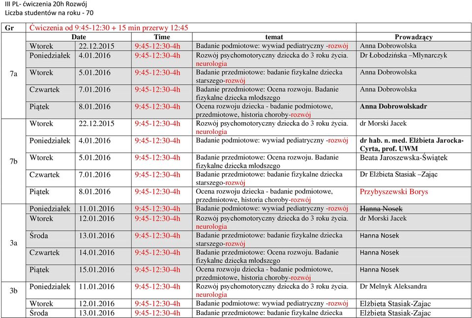 Badanie Anna Dobrowolska Piątek 8.01.2016 9:45-12:30-4h Ocena rozwoju dziecka - badanie podmiotowe, Anna Dobrowolskadr Wtorek 22.12.2015 9:45-12:30-4h Rozwój psychomotoryczny dziecka do 3 roku życia.