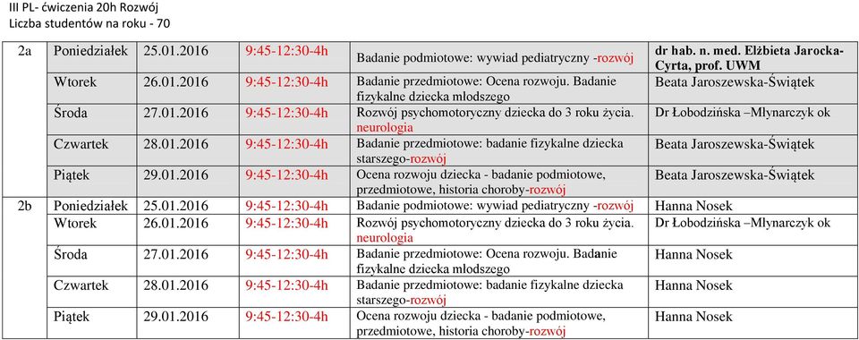 01.2016 9:45-12:30-4h Ocena rozwoju dziecka - badanie podmiotowe, 2b Poniedziałek 25.01.2016 9:45-12:30-4h Badanie podmiotowe: wywiad pediatryczny -rozwój Hanna Nosek Wtorek 26.01.2016 9:45-12:30-4h Rozwój psychomotoryczny dziecka do 3 roku życia.