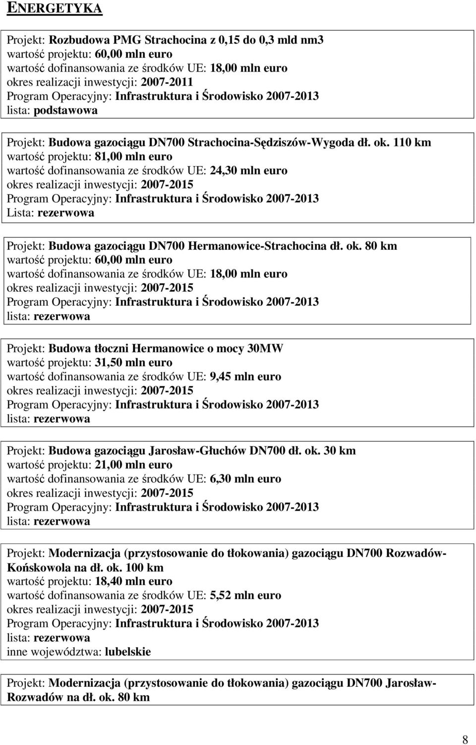 110 km wartość projektu: 81,00 mln euro wartość dofinansowania ze środków UE: 24,30 mln euro Lista: rezerwowa Projekt: Budowa gazociągu DN700 Hermanowice-Strachocina dł. ok.