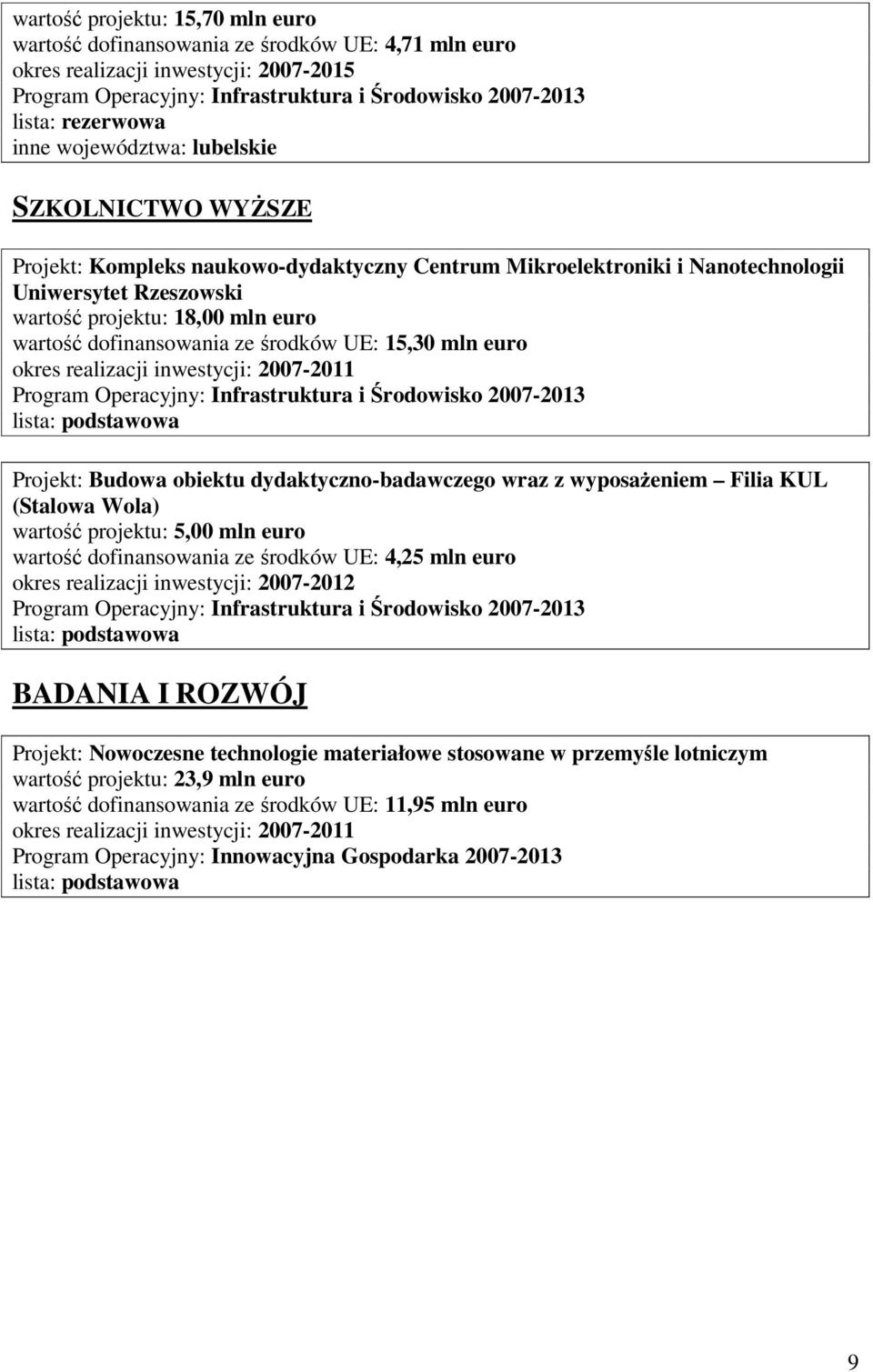 dydaktyczno-badawczego wraz z wyposaŝeniem Filia KUL (Stalowa Wola) wartość projektu: 5,00 mln euro wartość dofinansowania ze środków UE: 4,25 mln euro okres realizacji inwestycji: 2007-2012 BADANIA