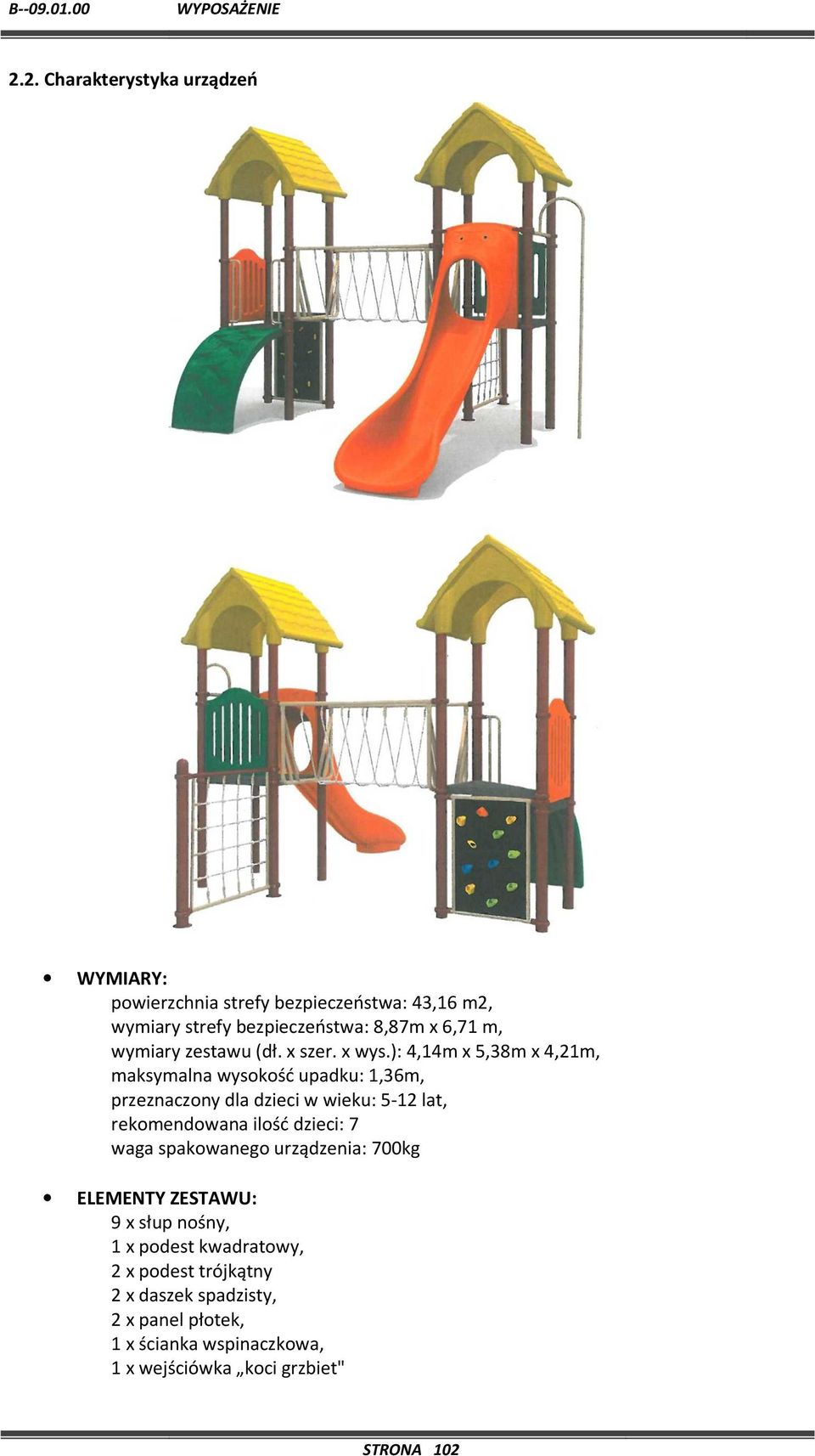 ): 4,14m x 5,38m x 4,21m, maksymalna wysokość upadku: 1,36m, przeznaczony dla dzieci w wieku: 5-12 lat, rekomendowana ilość
