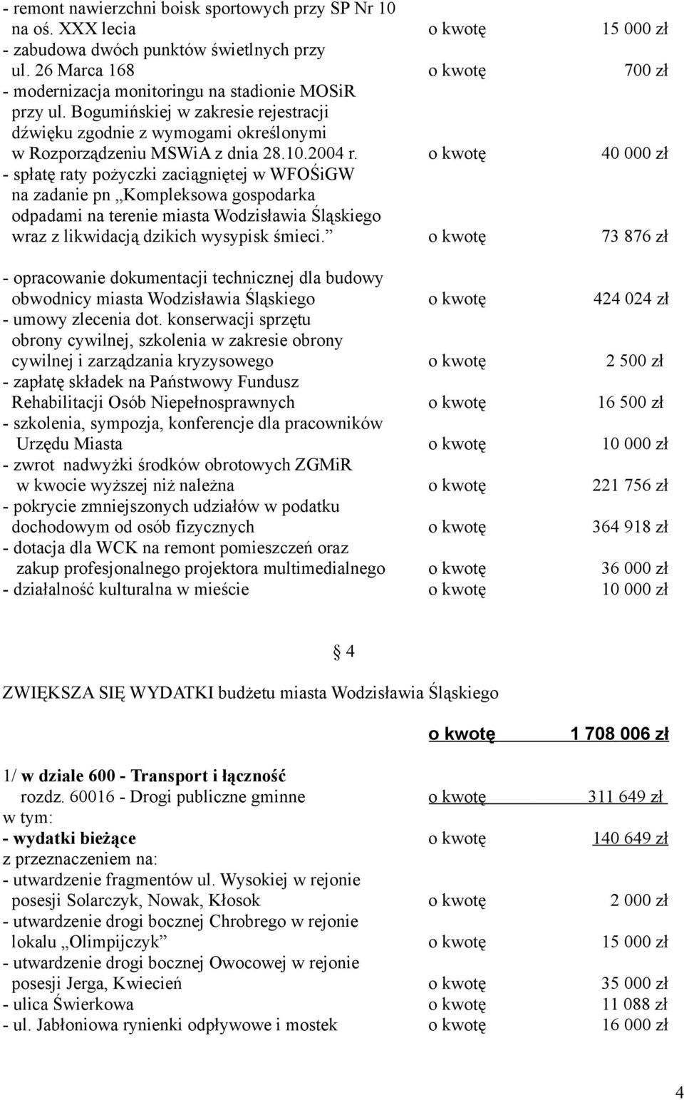 2004 r. o kwotę 40 000 zł - spłatę raty pożyczki zaciągniętej w WFOŚiGW na zadanie pn Kompleksowa gospodarka odpadami na terenie miasta Wodzisławia Śląskiego wraz z likwidacją dzikich wysypisk śmieci.