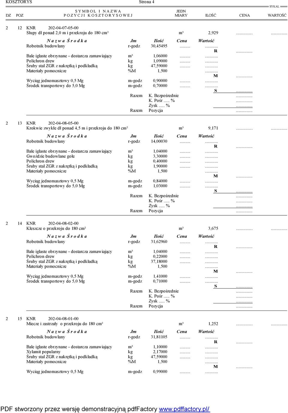 ... 2 13 KNR 202-04-08-05-00 Krokwie zwykłe dł ponad 4,5 m i przekroju do 180 cm² m³ 9,171...... Robotnik budowlany r-godz 14,00030.... Bale iglaste obrzynane - dostarcza zamawiający m³ 1,04000.