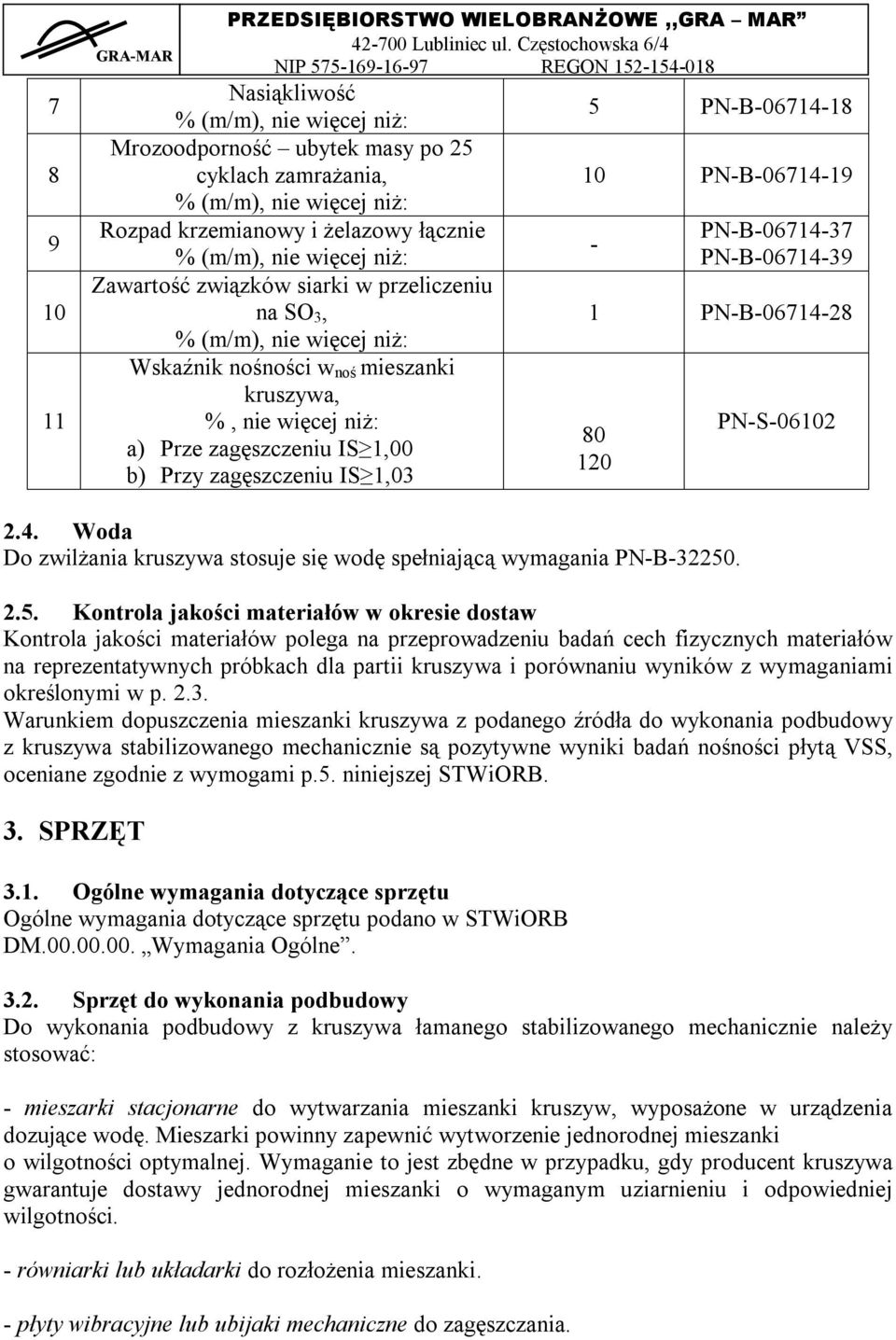 37 PN-B-06714-39 1 PN-B-06714-28 80 120 PN-S-06102 2.4. Woda Do zwilżania kruszywa stosuje się wodę spełniającą wymagania PN-B-32250