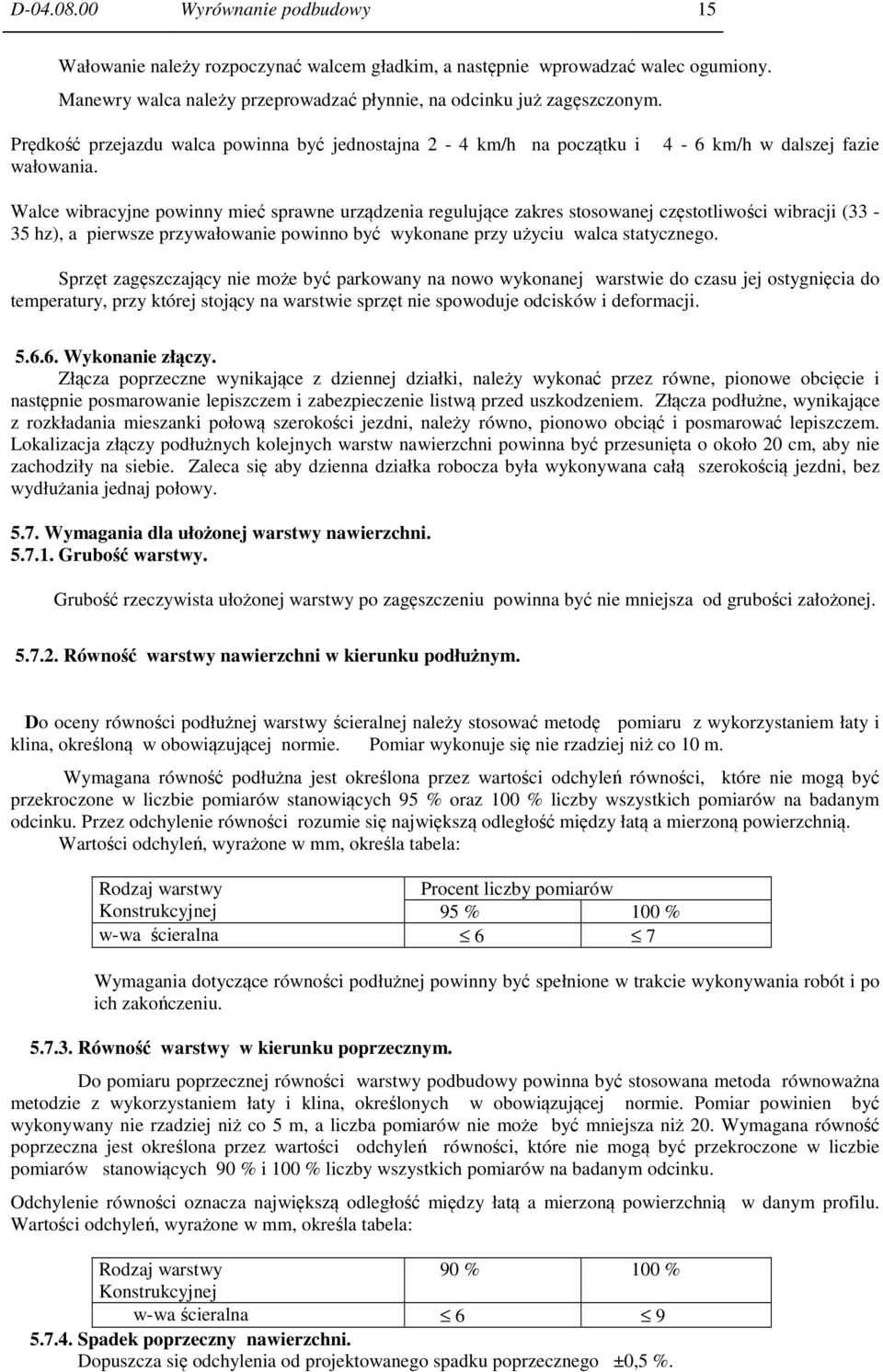 4-6 km/h w dalszej fazie Walce wibracyjne powinny mieć sprawne urządzenia regulujące zakres stosowanej częstotliwości wibracji (33-35 hz), a pierwsze przywałowanie powinno być wykonane przy użyciu