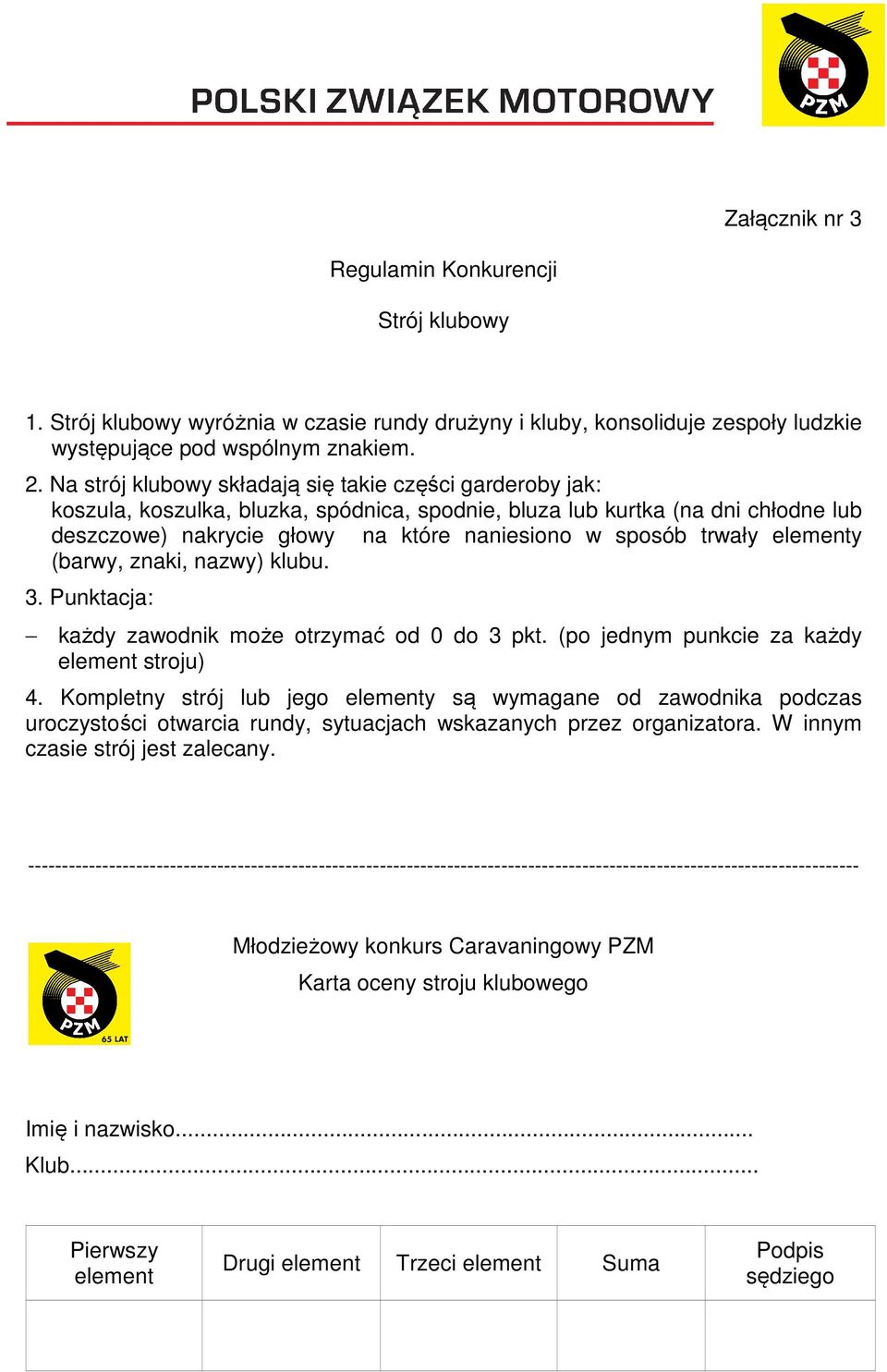 trwały elementy (barwy, znaki, nazwy) klubu. 3. Punktacja: każdy zawodnik może otrzymać od 0 do 3 pkt. (po jednym punkcie za każdy element stroju) 4.