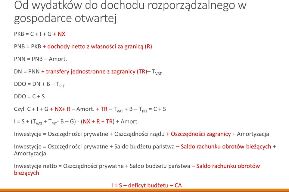 + TR T VAT + B T PIT = C + S I = S + (T VAT + T PIT - B G) - (NX + R + TR) + Amort.