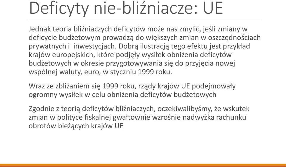 Dobrą ilustracją tego efektu jest przykład krajów europejskich, które podjęły wysiłek obniżenia deficytów budżetowych w okresie przygotowywania się do przyjęcia nowej