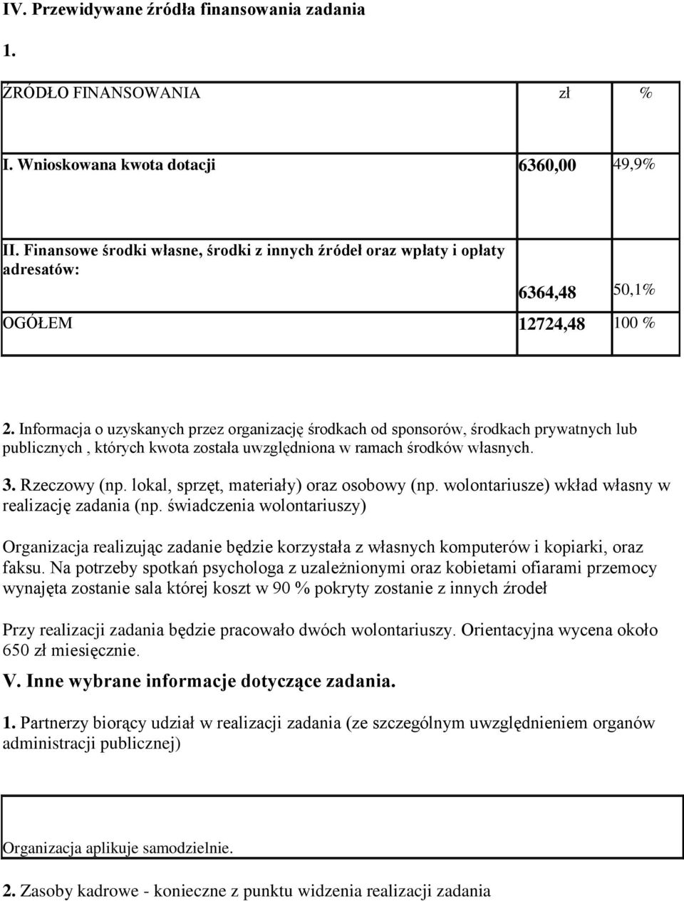 Informacja o uzyskanych przez organizację środkach od sponsorów, środkach prywatnych lub publicznych, których kwota została uwzględniona w ramach środków własnych. 3. Rzeczowy (np.