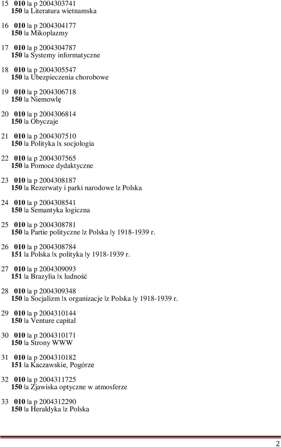 i parki narodowe z Polska 24 010 a p 2004308541 150 a Semantyka logiczna 25 010 a p 2004308781 150 a Partie polityczne z Polska y 1918-1939 r.