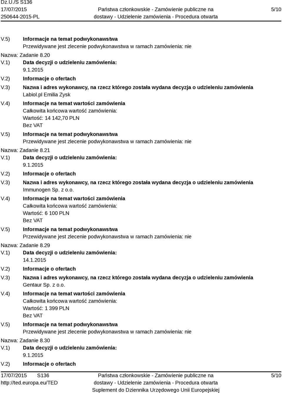 21 Immunogen Sp. z o.o. Wartość: 6 100 PLN Nazwa: Zadanie 8.