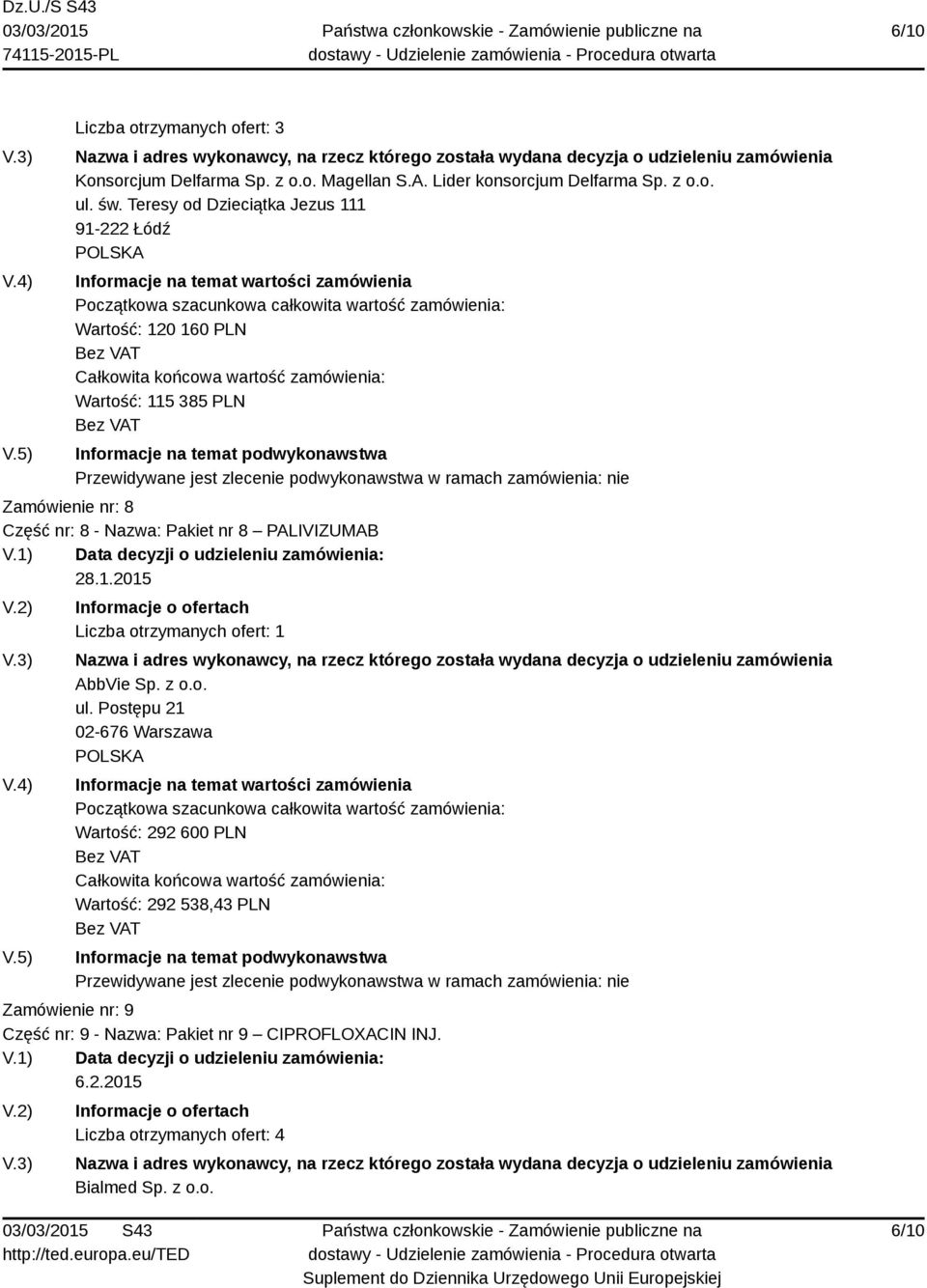 nr 8 PALIVIZUMAB 28.1.2015 Liczba otrzymanych ofert: 1 AbbVie Sp. z o.o. ul.