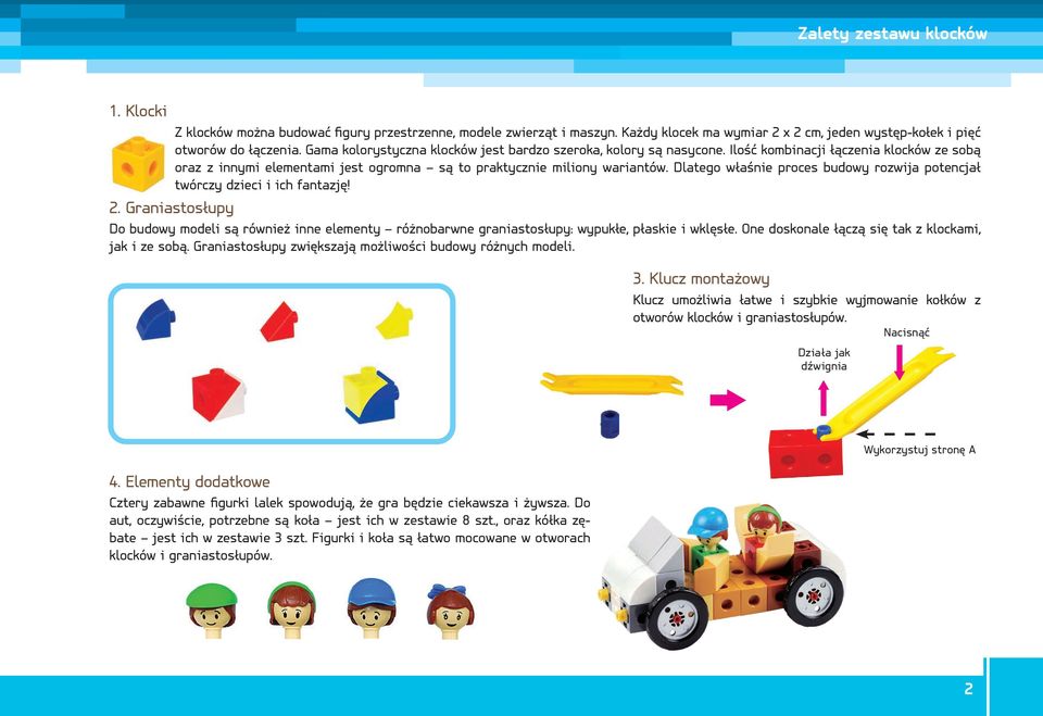 Dlatego właśnie proces budowy rozwija potencjał twórczy dzieci i ich fantazję! 2. Graniastosłupy Do budowy modeli są również inne elementy różnobarwne graniastosłupy: wypukłe, płaskie i wklęsłe.