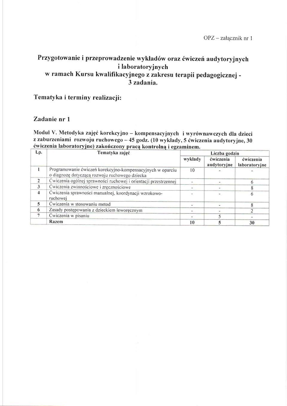 (10 wyklady,5 dwiczenia audytoryjne,30 cwlczenra!wiczenia Ilaboratory.ine) zakof czot:ty praca kontrolna i eszaminem Lp.