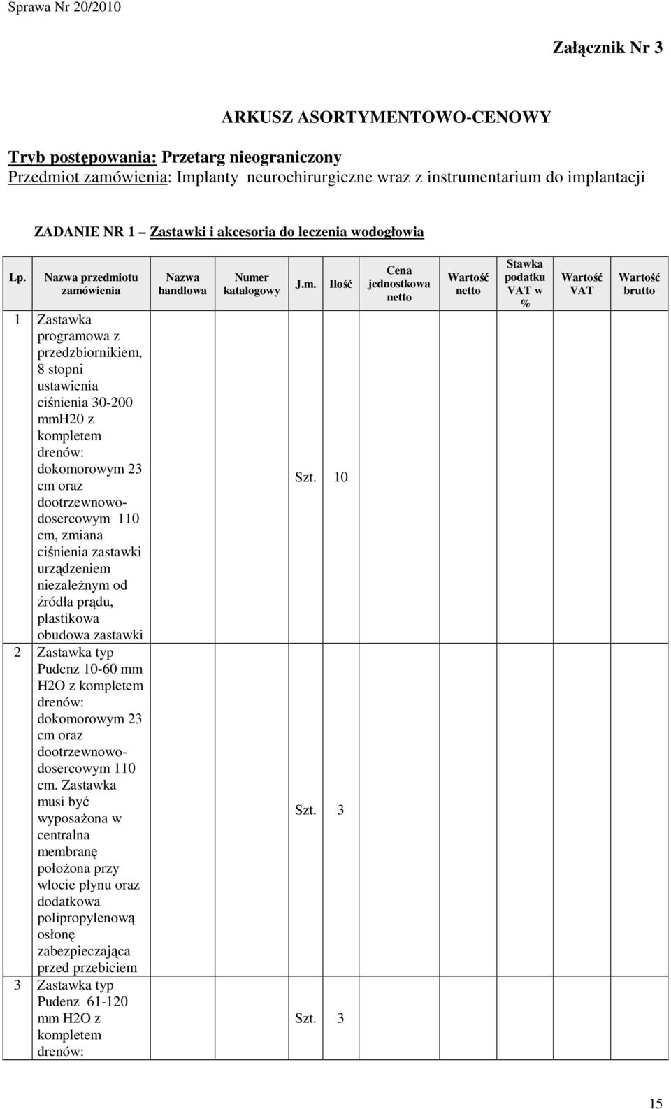 ciśnienia zastawki urządzeniem niezaleŝnym od źródła prądu, plastikowa obudowa zastawki 2 Zastawka typ Pudenz 10-60 mm H2O z kompletem drenów: dokomorowym 23 cm oraz dootrzewnowodosercowym 110 cm.