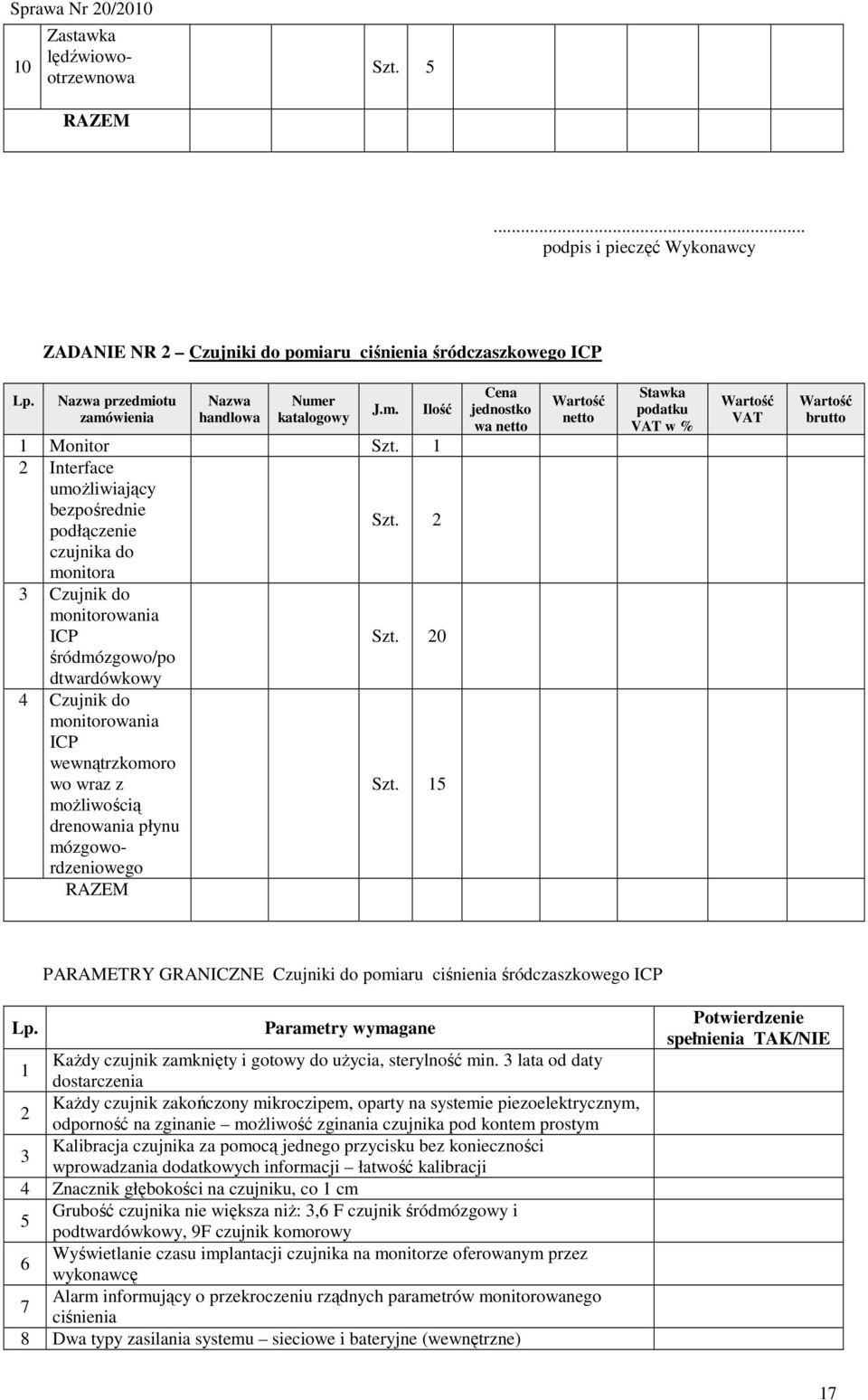 15 moŝliwością drenowania płynu mózgowordzeniowego jednostko wa w % PARAMETRY GRANICZNE Czujniki do pomiaru ciśnienia śródczaszkowego ICP Parametry wymagane KaŜdy czujnik zamknięty i gotowy do
