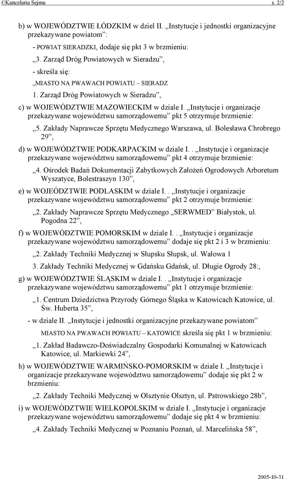 Instytucje i organizacje przekazywane województwu samorządowemu pkt 5 otrzymuje brzmienie: 5. Zakłady Naprawcze Sprzętu Medycznego Warszawa, ul.