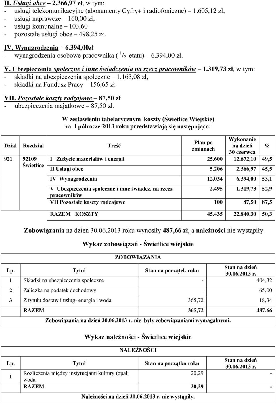 Ubezpieczenia społeczne i inne świadczenia na rzecz pracowników 1.319,73 zł, w tym: - składki na ubezpieczenia społeczne 1.163,08 zł, - składki na Fundusz Pracy 156,65 zł. VII.