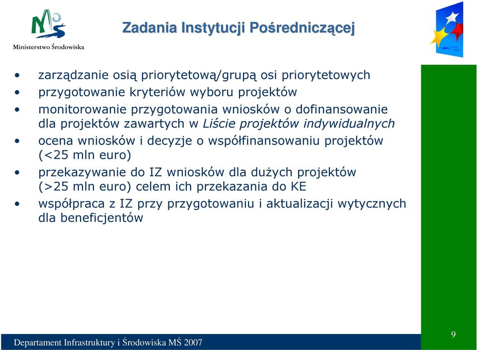 indywidualnych ocena wniosków i decyzje o współfinansowaniu projektów (<25 mln euro) przekazywanie do IZ wniosków dla