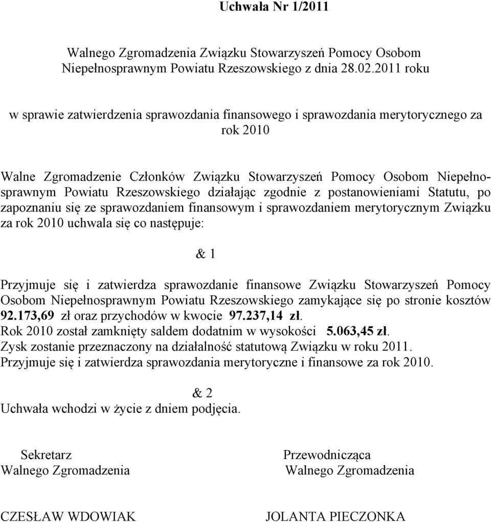Rzeszowskiego działając zgodnie z postanowieniami Statutu, po zapoznaniu się ze sprawozdaniem finansowym i sprawozdaniem merytorycznym Związku za rok 2010 uchwala się co następuje: & 1 Przyjmuje się
