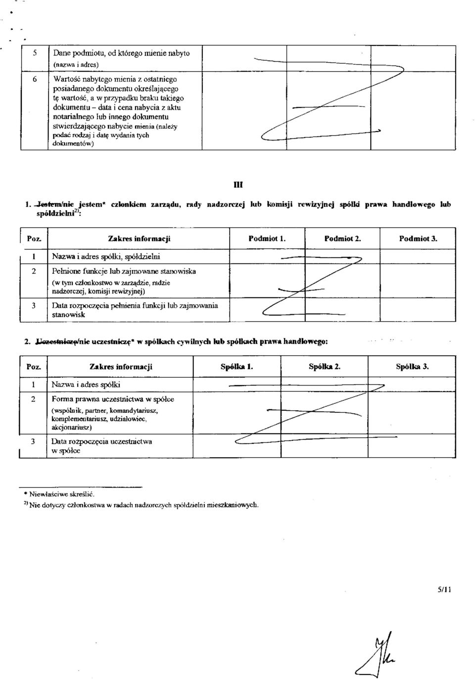 -Jesfem/nie jestem* czionidem zarządu, rady nadzorczej lub komisji rewizyjnej spółki prawa iiandlowego lub spółdzielni^': Poz. Zakres informacji Podmiot 1. Podmiot 2. Podmiot 3.