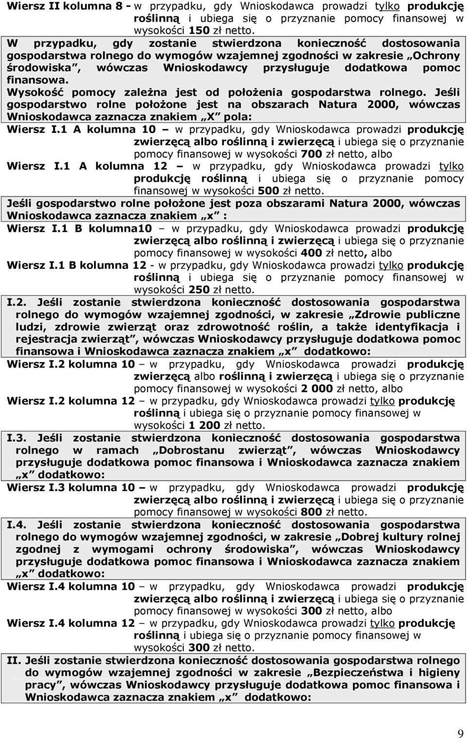 finansowa. Wysokość pomocy zależna jest od położenia gospodarstwa rolnego. Jeśli gospodarstwo rolne położone jest na obszarach Natura 2000, wówczas Wnioskodawca zaznacza znakiem X pola: Wiersz I.