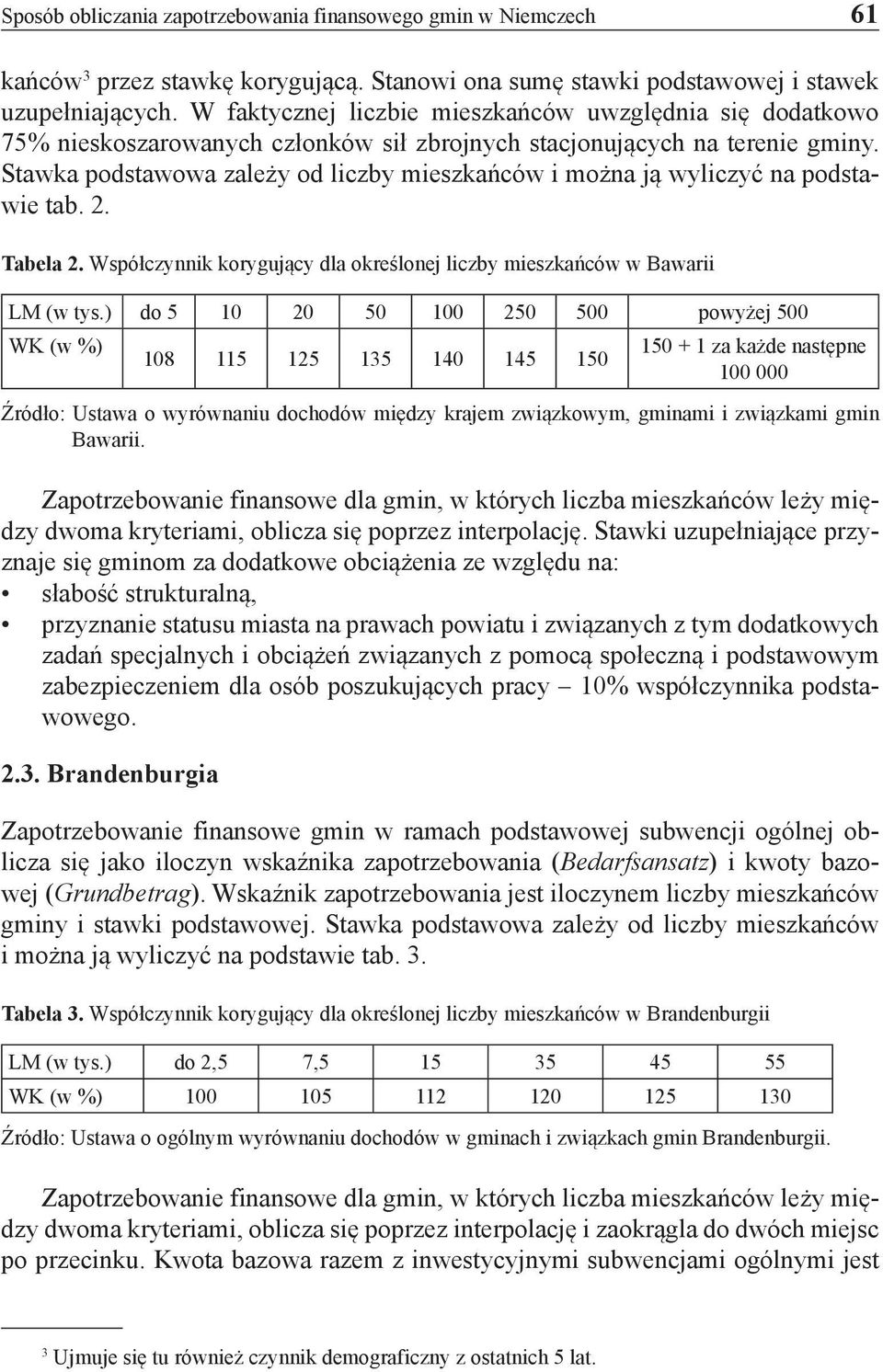 Stawka podstawowa zależy od liczby mieszkańców i można ją wyliczyć na podstawie tab. 2. Tabela 2. Współczynnik korygujący dla określonej liczby mieszkańców w Bawarii LM (w tys.