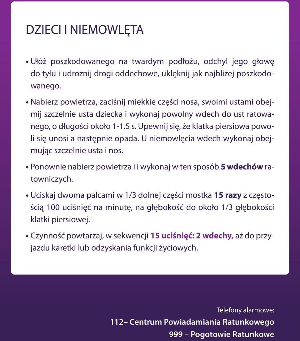 Upewnij się, że klatka piersiowa powoli się unosi a następnie opada. U niemowlęcia wdech wykonaj obejmując szczelnie usta i nos.