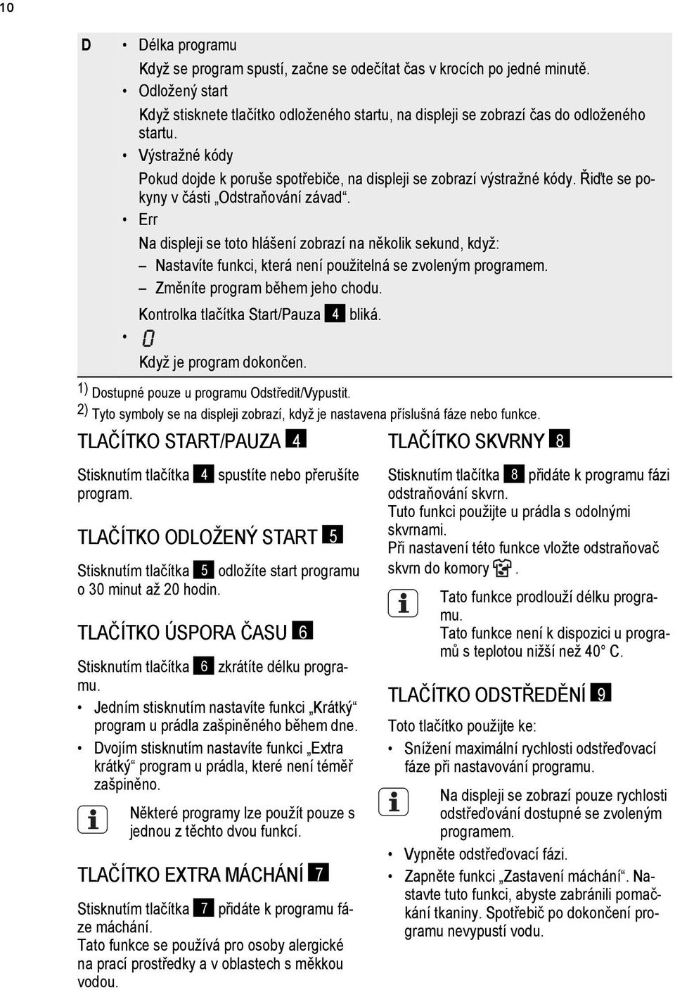 Err Na displeji se toto hlášení zobrazí na několik sekund, když: Nastavíte funkci, která není použitelná se zvoleným programem. Změníte program během jeho chodu.