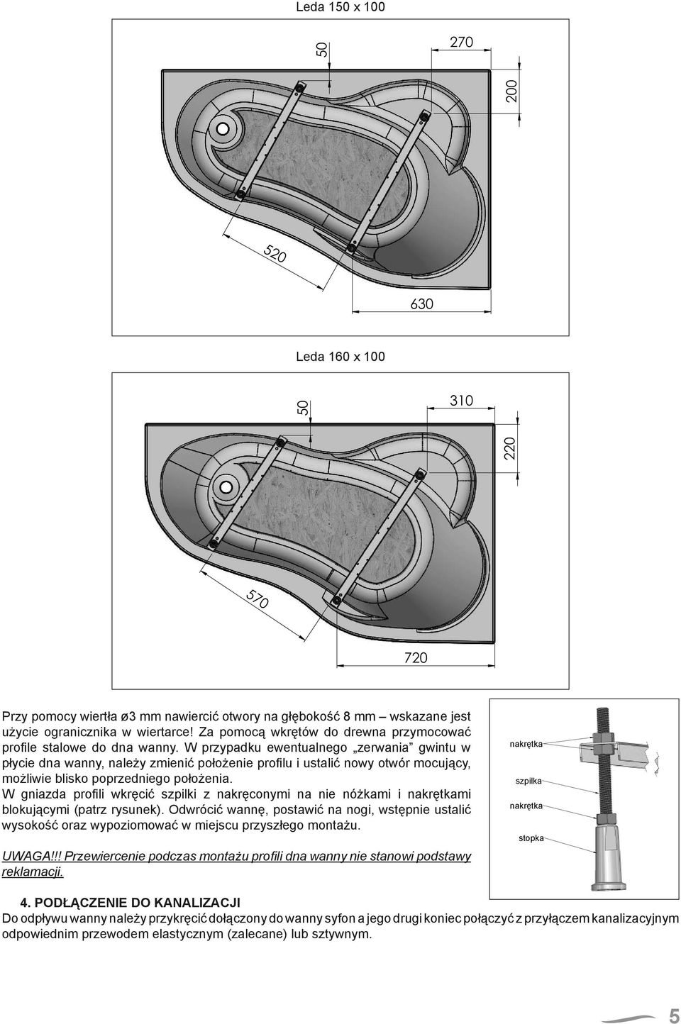 W przypadku ewentualnego zerwania gwintu w płycie dna wanny, należy zmienić położenie profi lu i ustalić nowy otwór mocujący, możliwie blisko poprzedniego położenia.