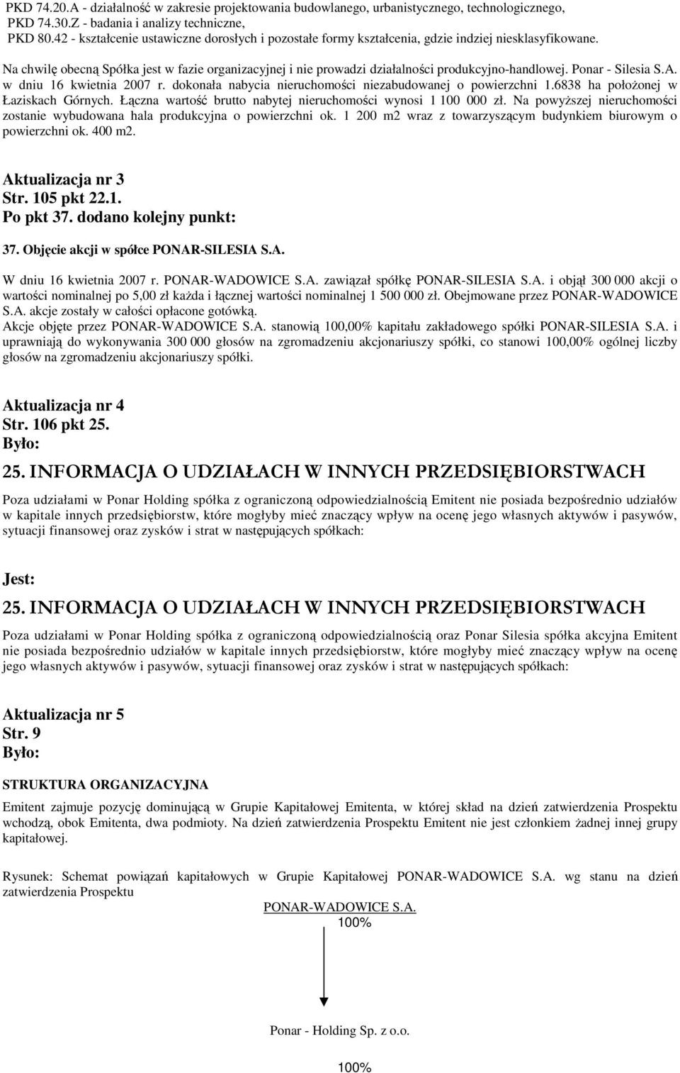 Na chwilę obecną Spółka jest w fazie organizacyjnej i nie prowadzi działalności produkcyjno-handlowej. Ponar - Silesia S.A. w dniu 16 kwietnia 2007 r.