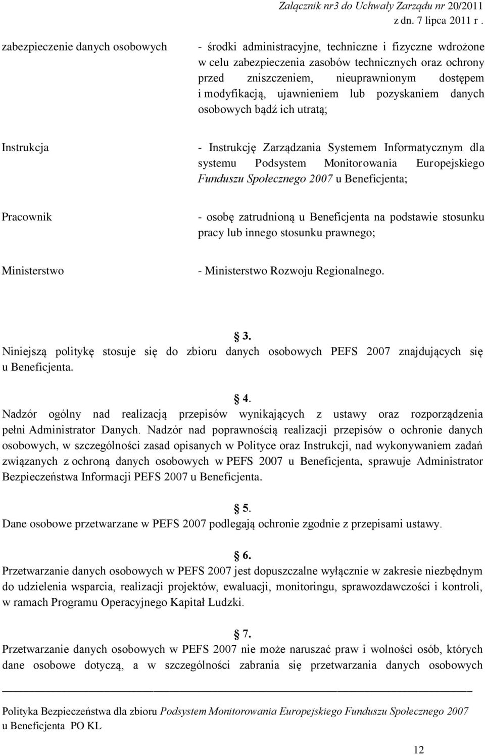 Monitorowania Europejskiego Funduszu Społecznego 2007 u Beneficjenta; Pracownik - osobę zatrudnioną u Beneficjenta na podstawie stosunku pracy lub innego stosunku prawnego; Ministerstwo -