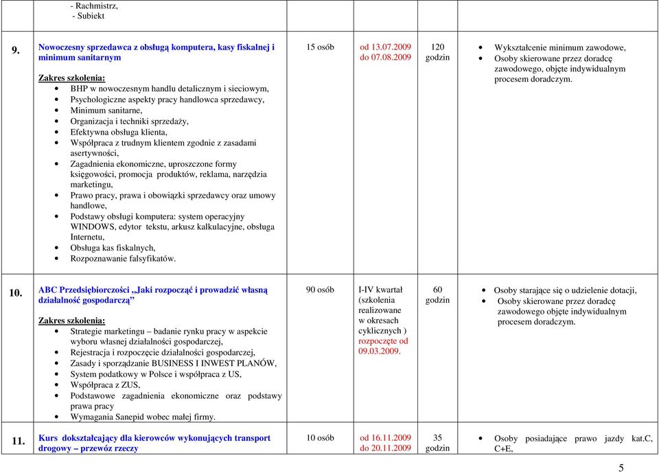 Organizacja i techniki sprzedaŝy, Efektywna obsługa klienta, Współpraca z trudnym klientem zgodnie z zasadami asertywności, Zagadnienia ekonomiczne, uproszczone formy księgowości, promocja produktów,