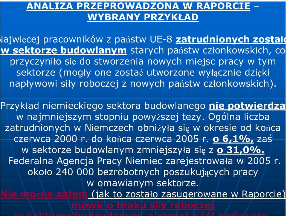 rzykład niemieckiego sektora budowlanego nie potwierdza w najmniejszym stopniu powyższej tezy. Ogólna liczba zatrudnionych w Niemczech obniżyła się w okresie od końca czerwca 2000 r.