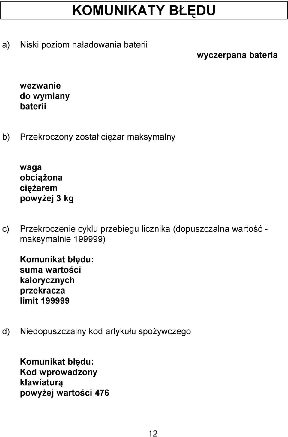 licznika (dopuszczalna wartość - maksymalnie 199999) Komunikat błędu: suma wartości kalorycznych przekracza