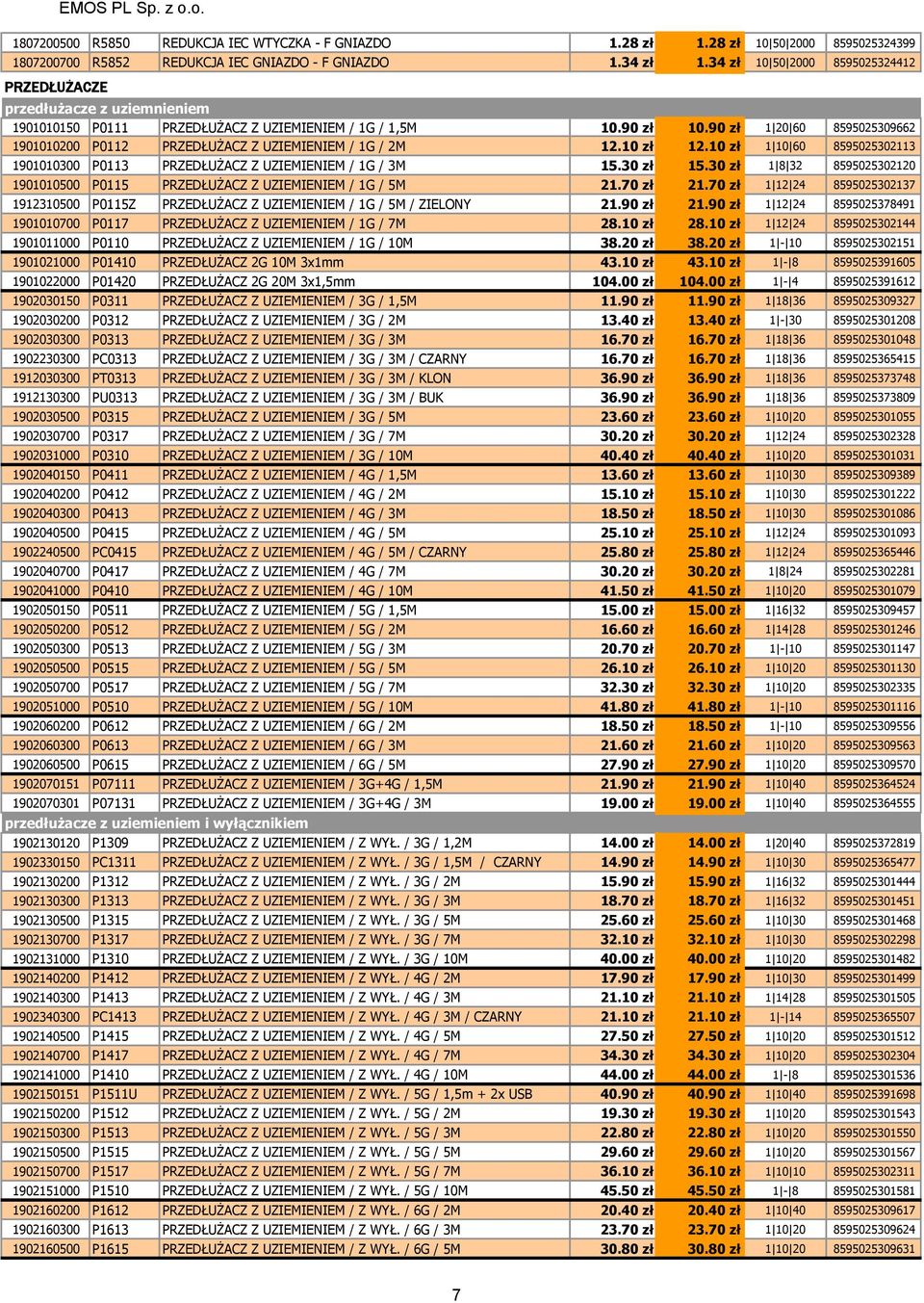 90 zł 1 20 60 8595025309662 1901010200 P0112 PRZEDŁUŻACZ Z UZIEMIENIEM / 1G / 2M 12.10 zł 12.10 zł 1 10 60 8595025302113 1901010300 P0113 PRZEDŁUŻACZ Z UZIEMIENIEM / 1G / 3M 15.30 zł 15.