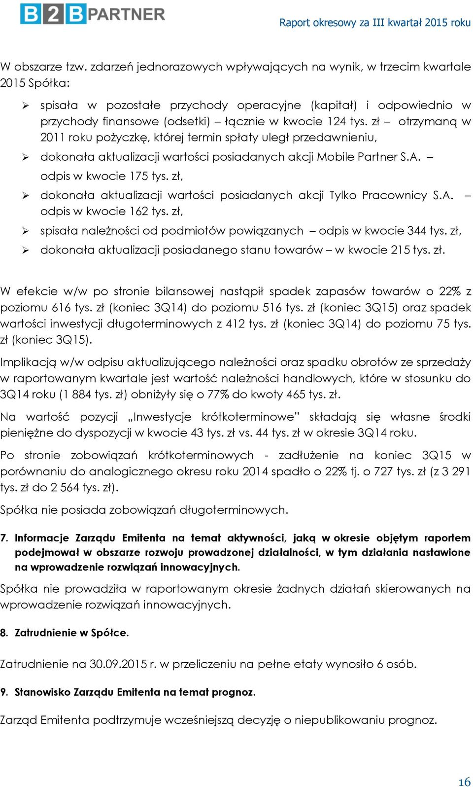zł otrzymaną w 2011 roku pożyczkę, której termin spłaty uległ przedawnieniu, dokonała aktualizacji wartości posiadanych akcji Mobile Partner S.A. odpis w kwocie 175 tys.