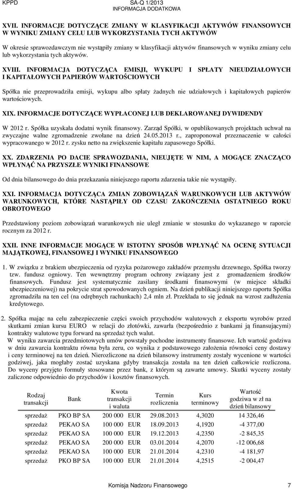 INFORMACJA DOTYCZĄCA EMISJI, WYKUPU I SPŁATY NIEUDZIAŁOWYCH I KAPITAŁOWYCH PAPIERÓW WARTOŚCIOWYCH Spółka nie przeprowadziła emisji, wykupu albo spłaty żadnych nie udziałowych i kapitałowych papierów