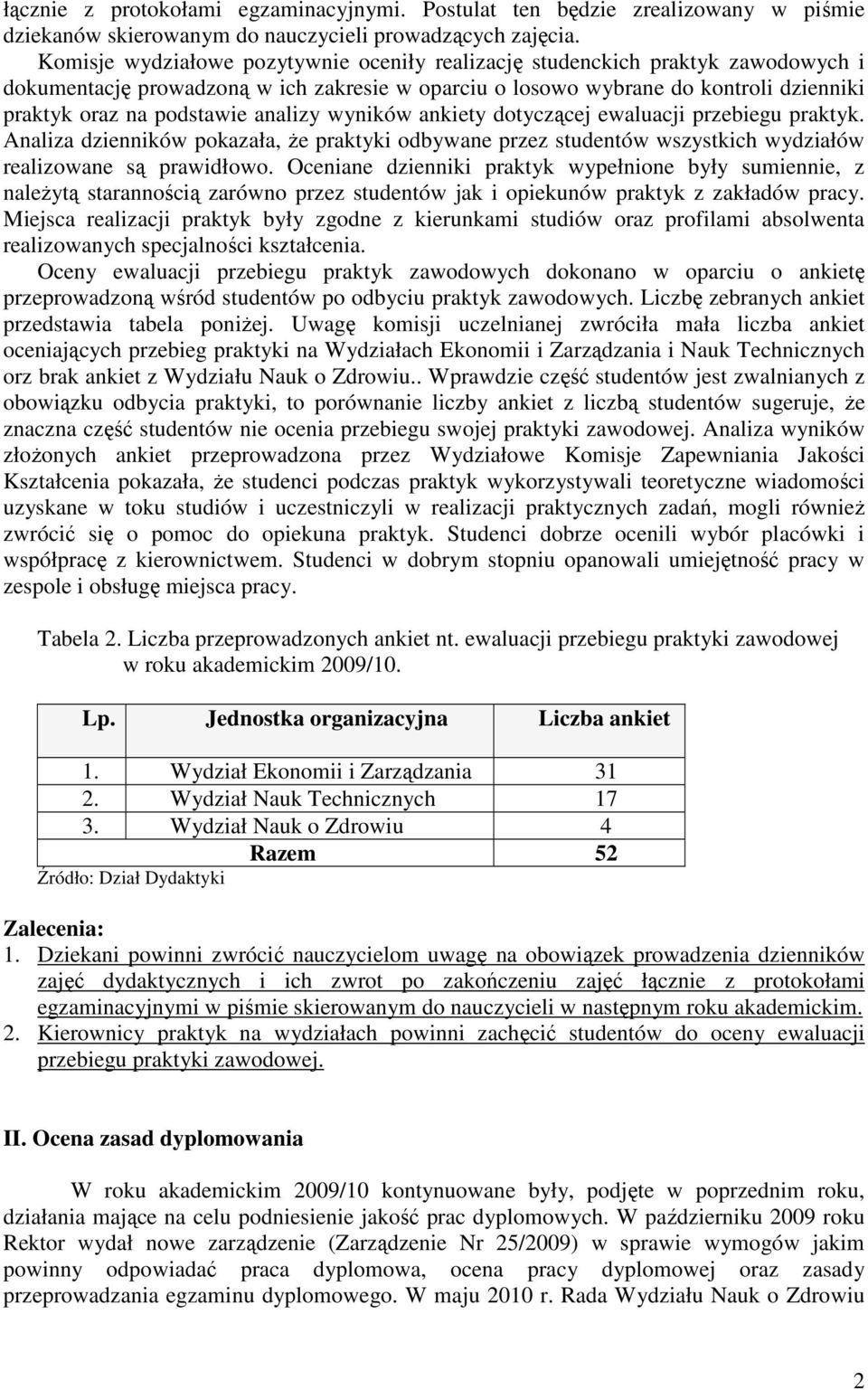 analizy wyników ankiety dotyczącej ewaluacji przebiegu praktyk. Analiza dzienników pokazała, Ŝe praktyki odbywane przez studentów wszystkich wydziałów realizowane są prawidłowo.