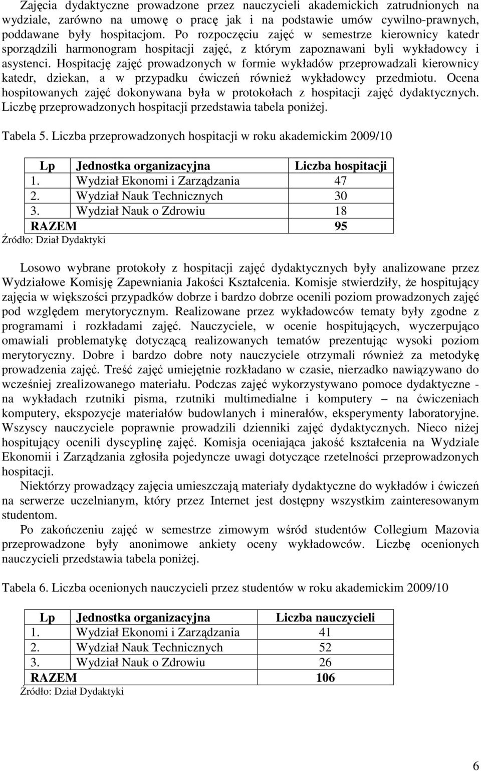 Hospitację zajęć prowadzonych w formie wykładów przeprowadzali kierownicy katedr, dziekan, a w przypadku ćwiczeń równieŝ wykładowcy przedmiotu.