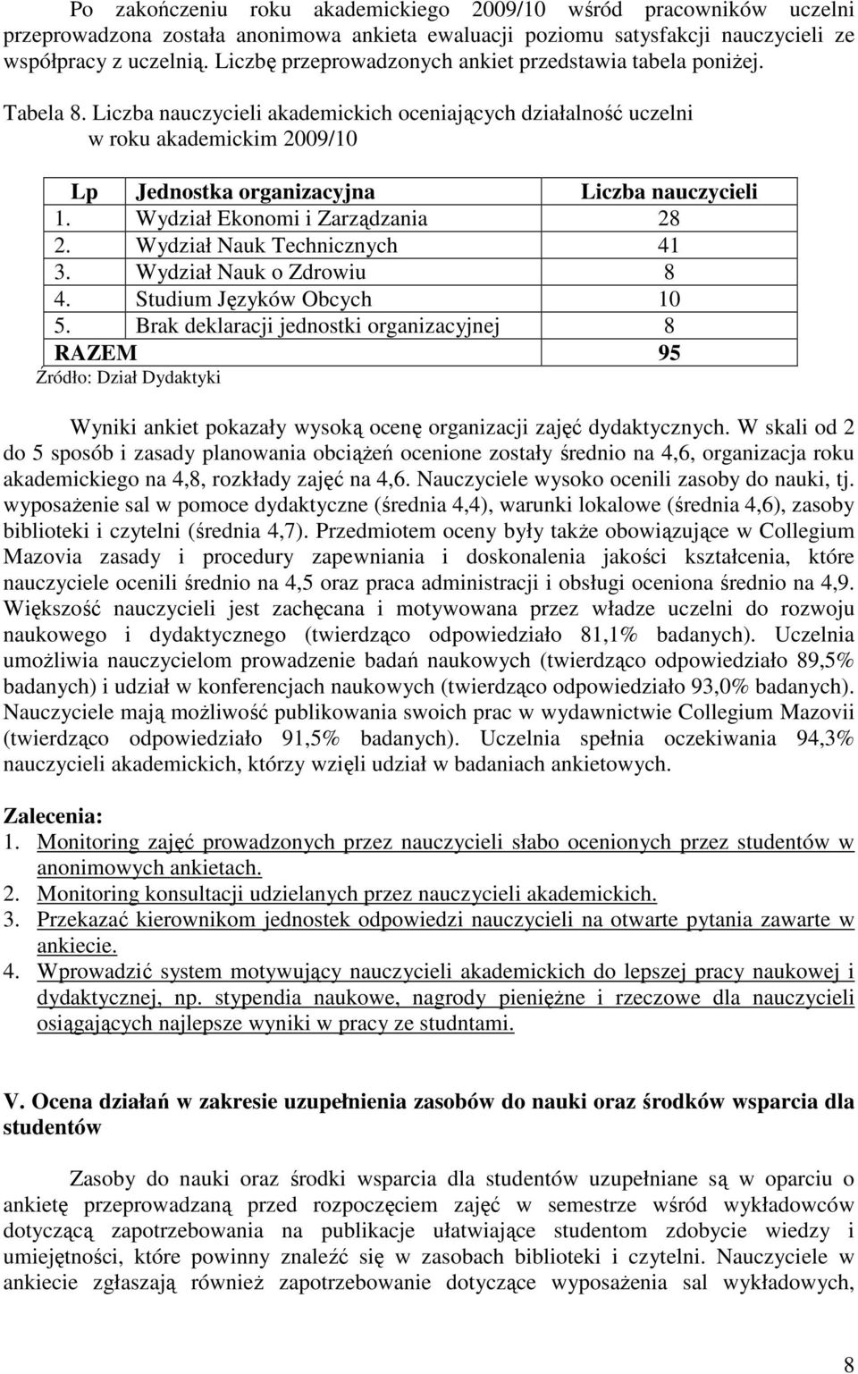 Liczba nauczycieli akademickich oceniających działalność uczelni w roku akademickim 2009/10 Lp Jednostka organizacyjna Liczba nauczycieli 1. Wydział Ekonomi i Zarządzania 28 2.