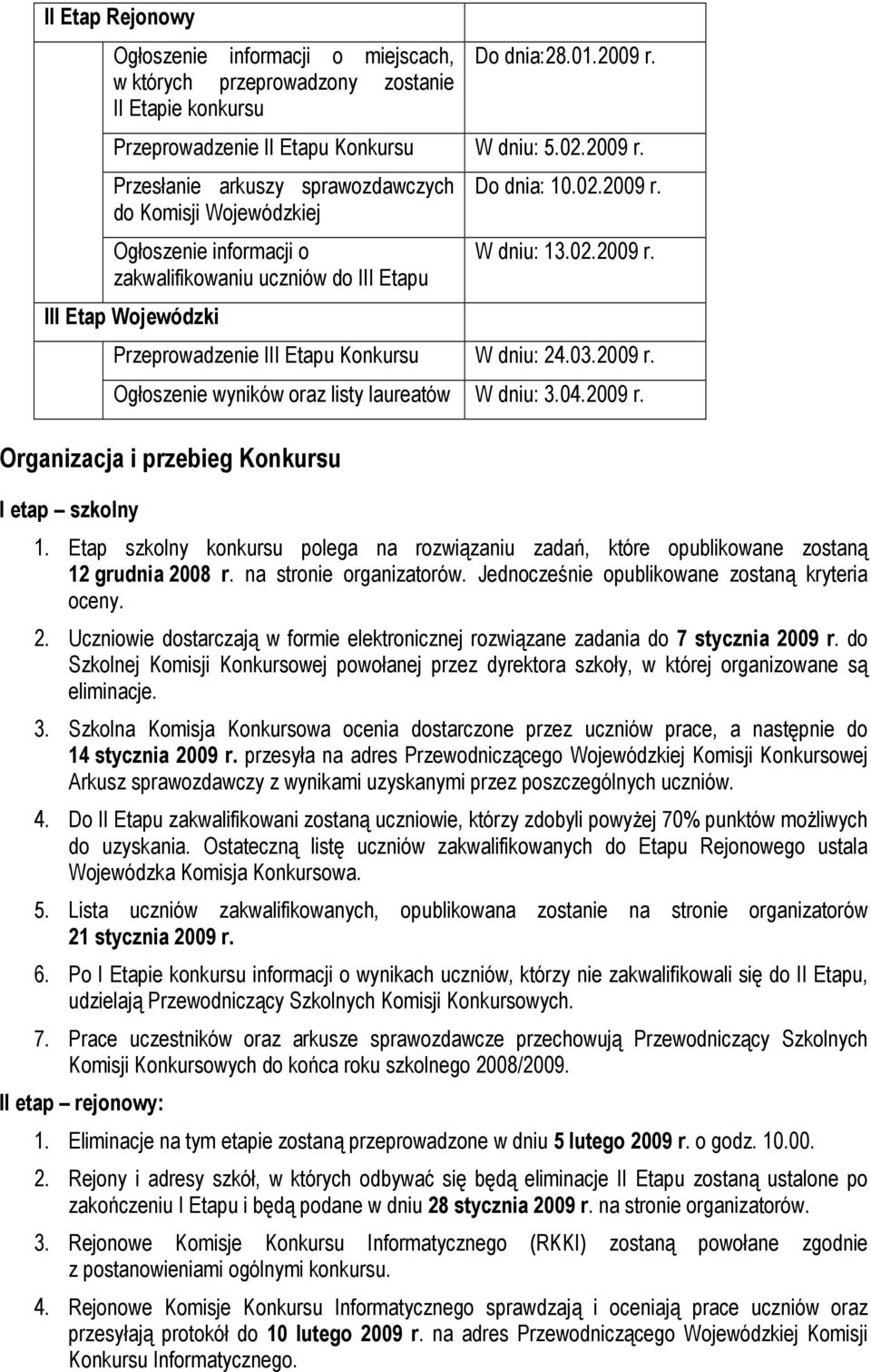 Przesłanie arkuszy sprawozdawczych do Komisji Wojewódzkiej Ogłoszenie informacji o zakwalifikowaniu uczniów do III Etapu III Etap Wojewódzki Do dnia: 10.02.2009 r.