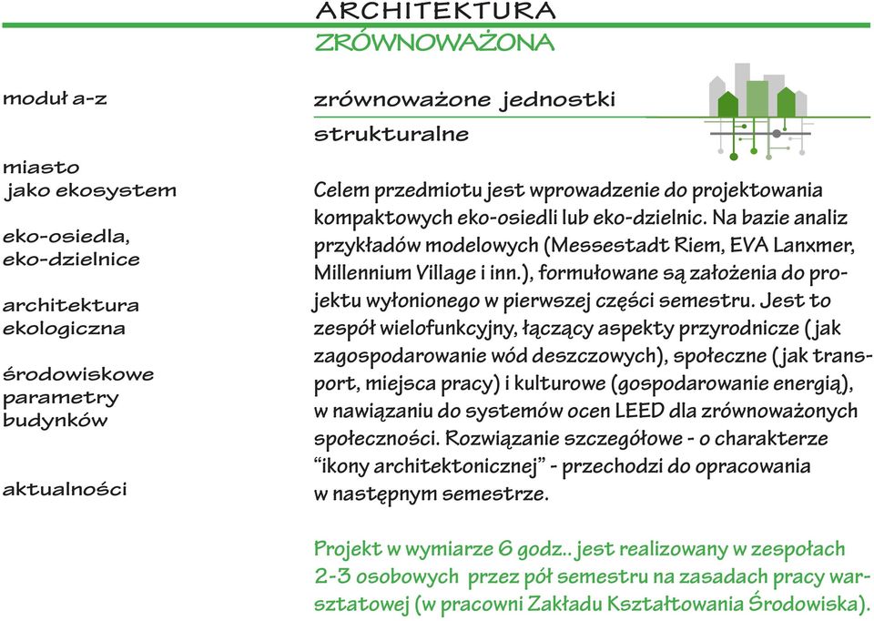 Jest to zespół wielofunkcyjny, łączący aspekty przyrodnicze ( jak zagospodarowanie wód deszczowych), społeczne ( jak transport, miejsca pracy) i kulturowe (gospodarowanie energią), w nawiązaniu do